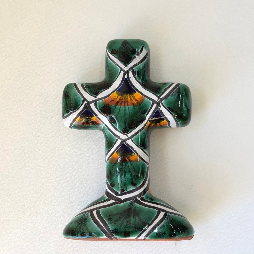 Vintage Talavera Mexican Pottery Cross Figurine Green Hand Painted 5"